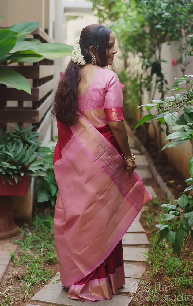 Red kanchipuram silk saree with pink border
