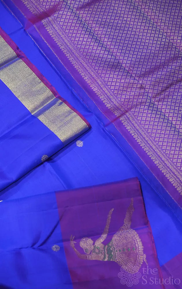 Royal blue kanjivaram silk saree with purple dancing lady border