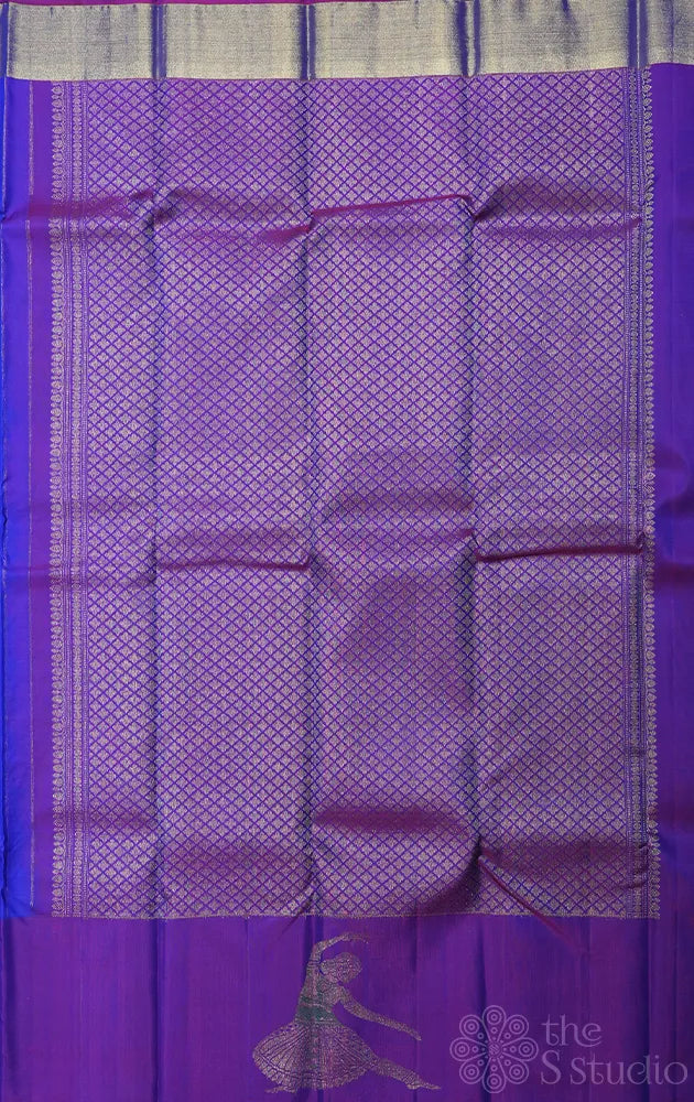 Royal blue kanjivaram silk saree with purple dancing lady border