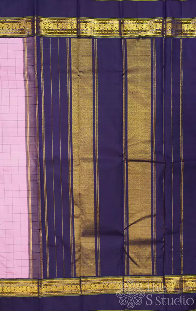 Light pink checked kanchipuram silk saree with violet border