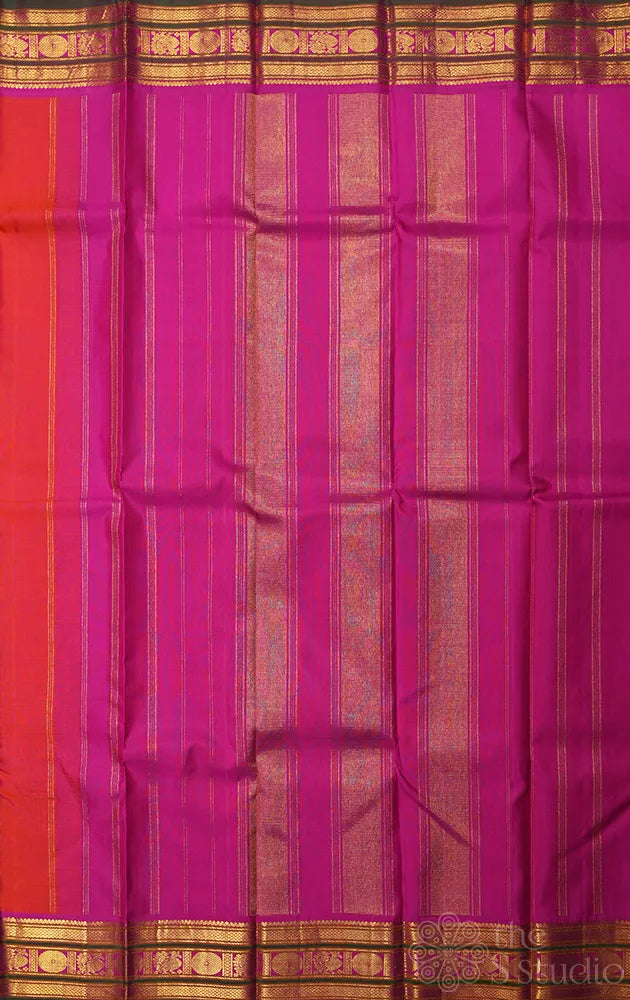 Peach plain kanchipuram silk saree with magenta and green border