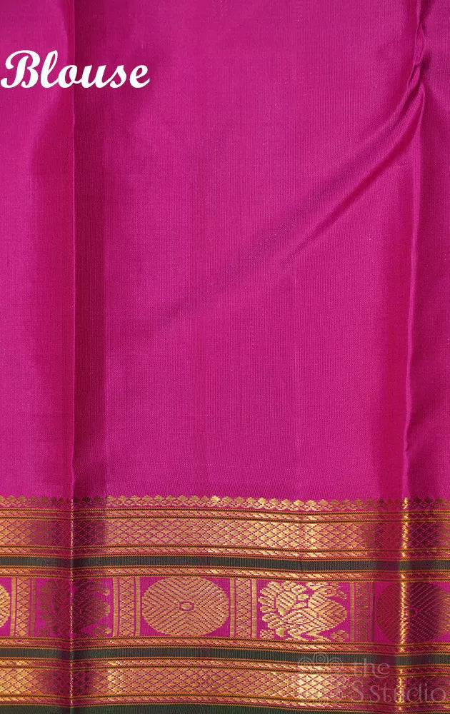 Peach plain kanchipuram silk saree with magenta and green border