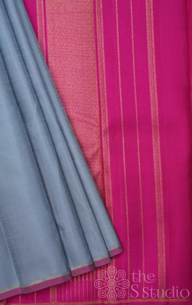 Grey plain kanchi silk saree with rani pink pallu
