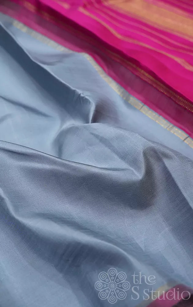 Grey plain kanchi silk saree with rani pink pallu
