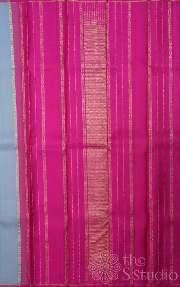 Grey plain kanchi silk saree with rani pink pallu