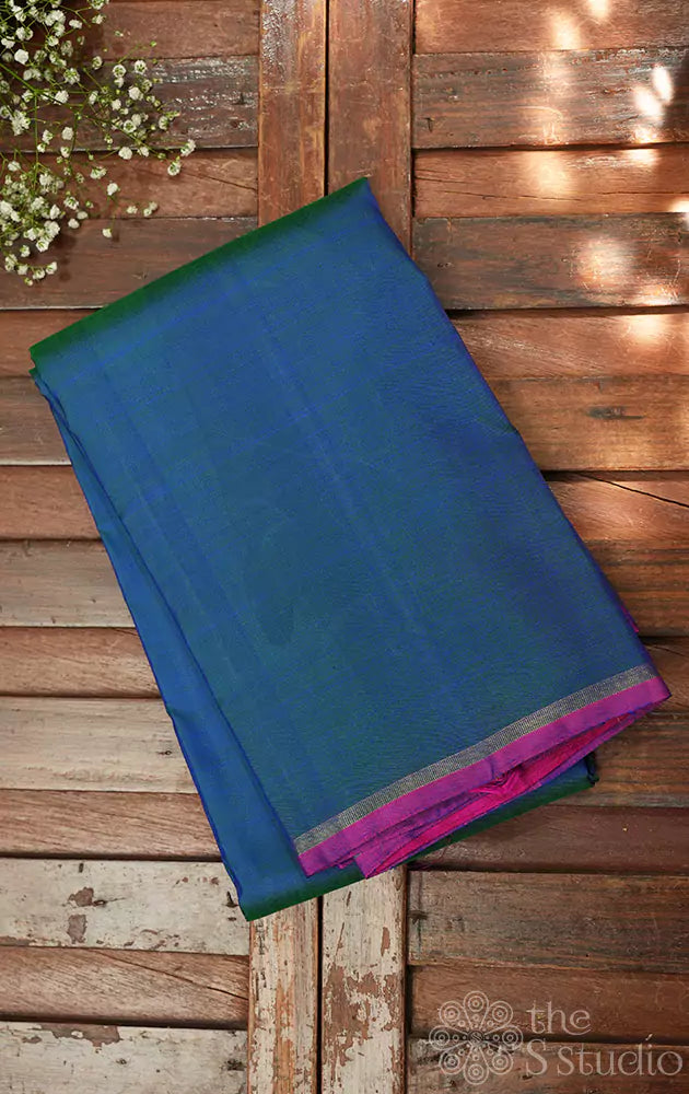 Peacock blue plain kanchi silk saree with contrast pallu