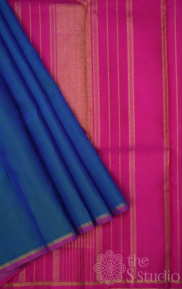 Peacock blue plain kanchi silk saree with contrast pallu