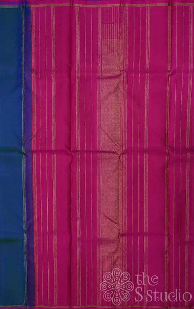 Peacock blue plain kanchi silk saree with contrast pallu