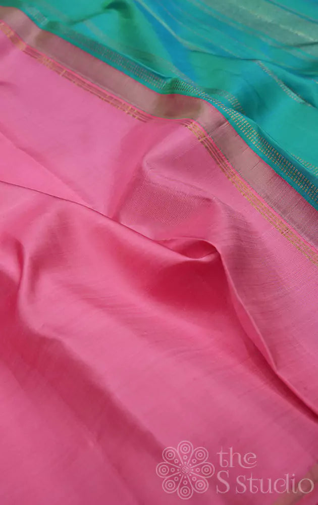 Lotus pink kanchi silk saree with sea green pallu