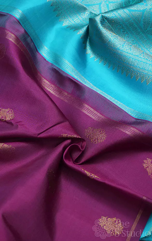 Dark magenta kanchi silk saree with buttas