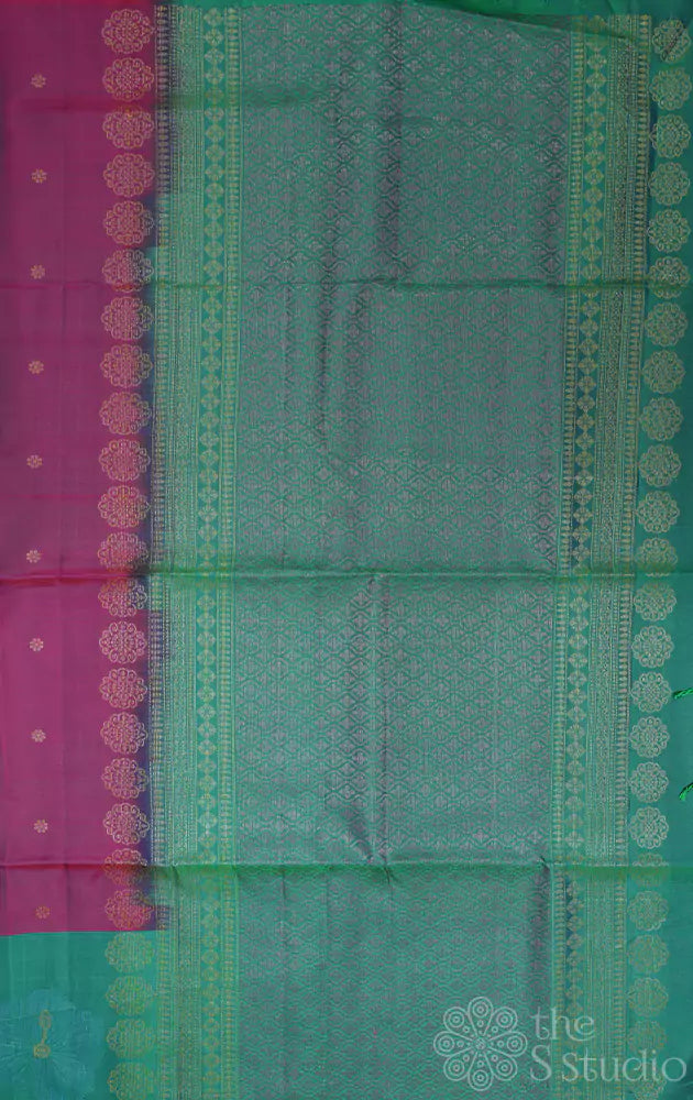 Magenta soft silk saree with hibiscus woven border