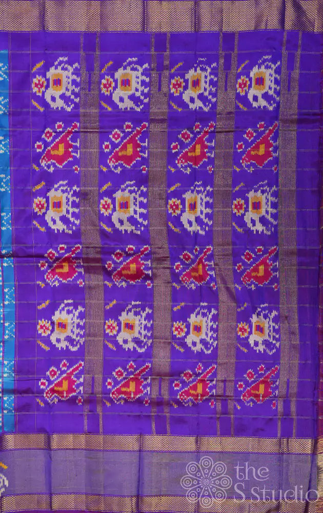 Light blue checked ikkat saree with elephant motif border