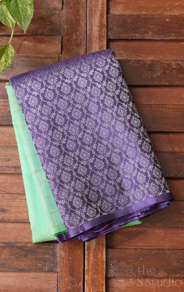 Pista green mubbagam soft silk saree with violet border
