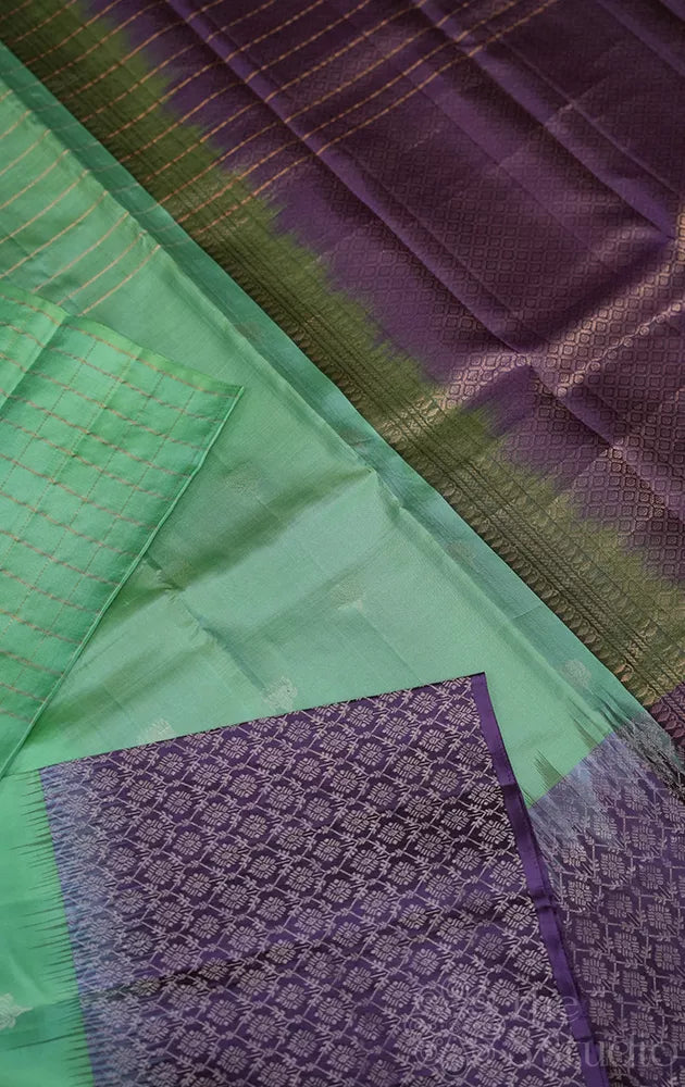 Pista green mubbagam soft silk saree with violet border