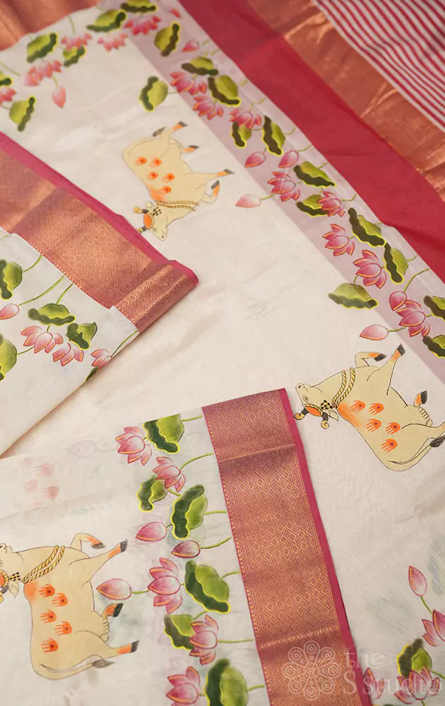 Off white handpainted maheshwari silk cotton saree with red border