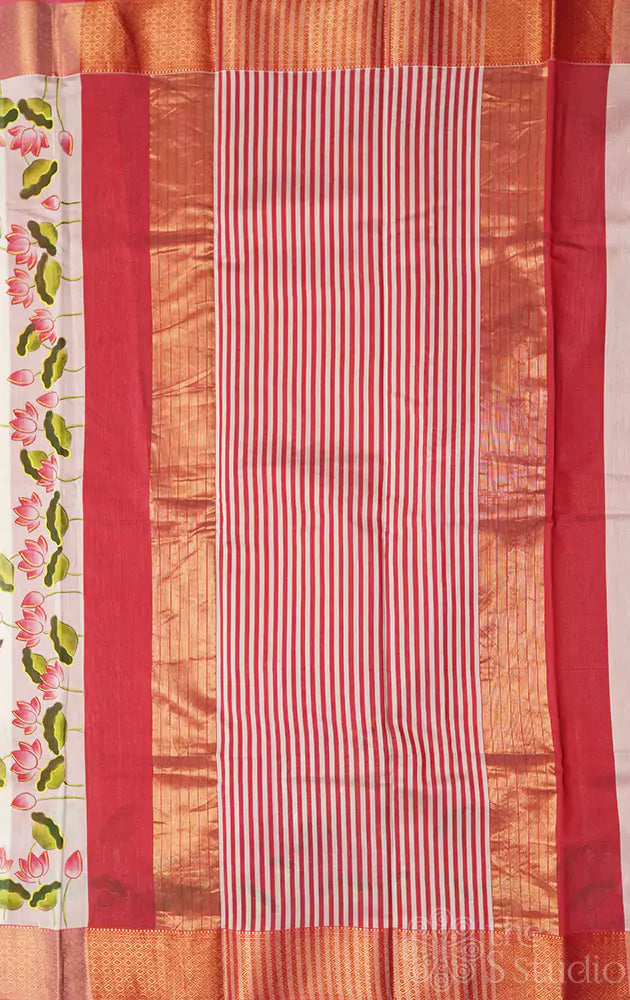 Off white handpainted maheshwari silk cotton saree with red border