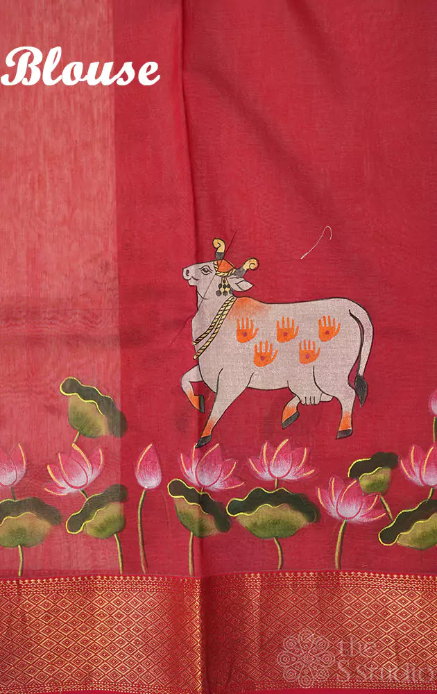Off white handpainted maheshwari silk cotton saree with red border