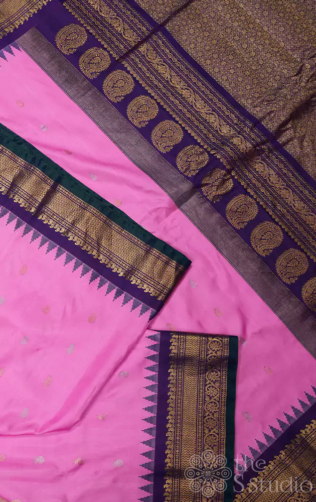 Lotus pink gadwal silk saree with purple border
