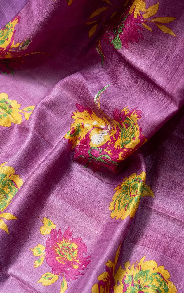 Lavender tussar silk saree with floral prints