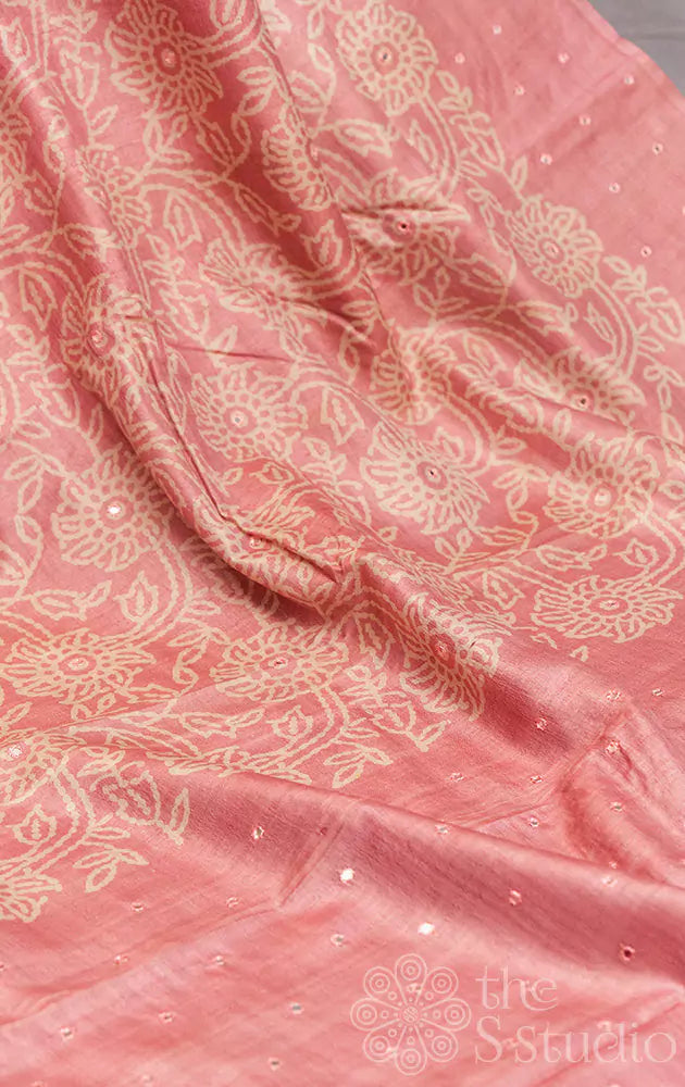 Pink tussar silk saree with mirror hand embroidery