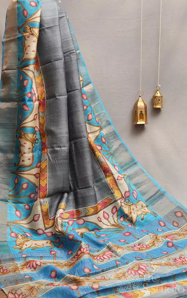 Grey tussar silk saree with hand-painted Pichwai designs