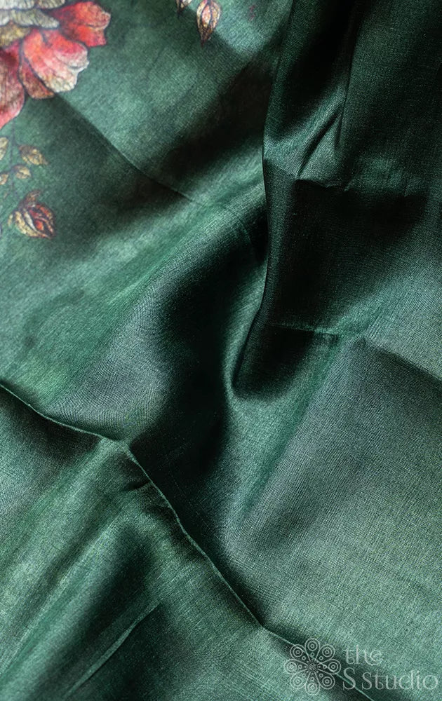 Green tussar silk saree with floral prints