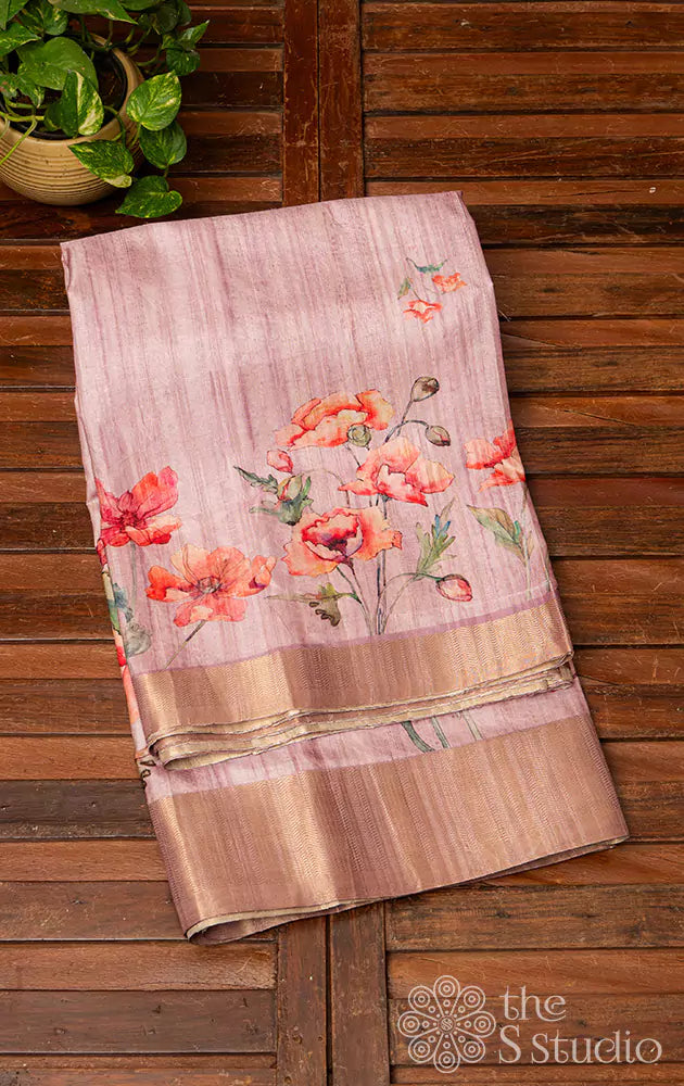 Lavender semi tussar saree with contrast border
