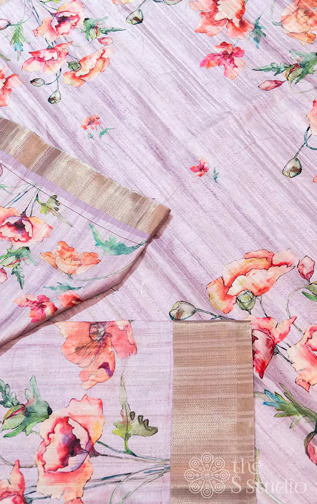 Lavender semi tussar saree with contrast border