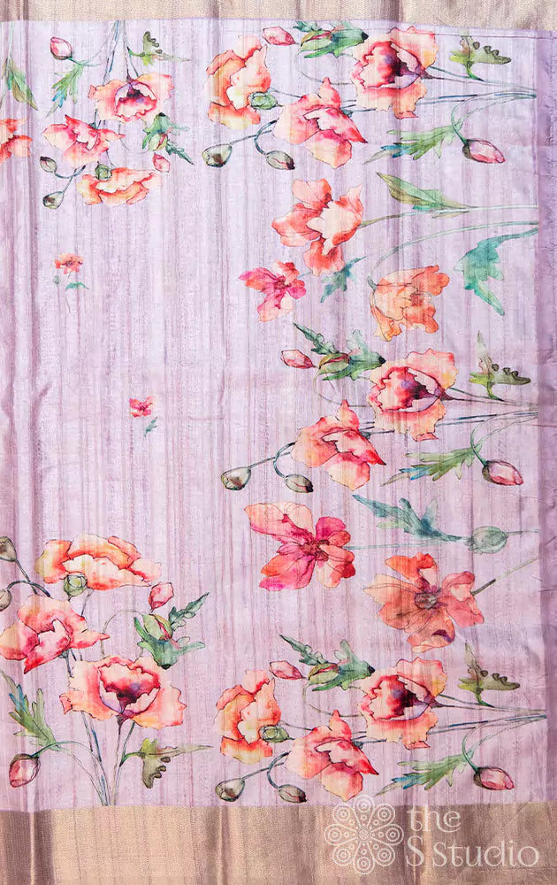 Lavender semi tussar saree with contrast border