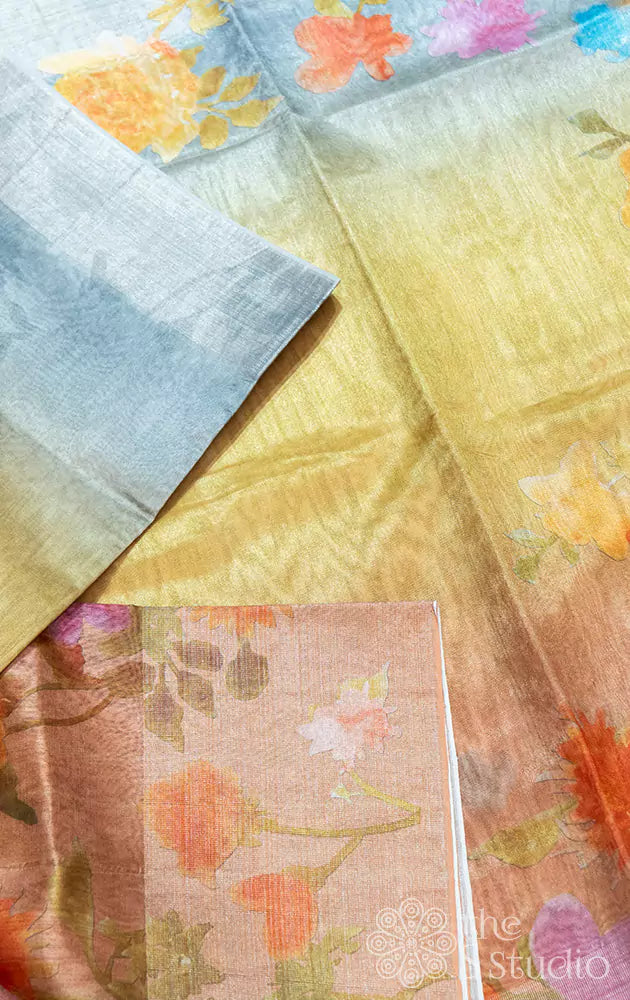 Multi colour semi tissue saree with floral prints