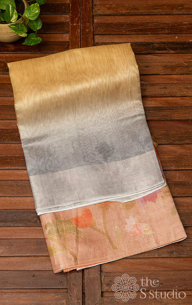 Pastel green and grey semi tissue saree