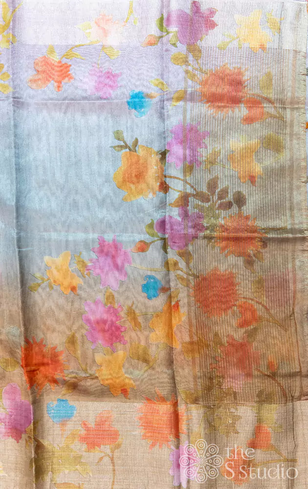 Pastel green and grey semi tissue saree