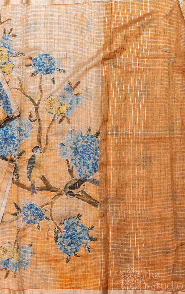 Light orange semi silk saree with zari lines