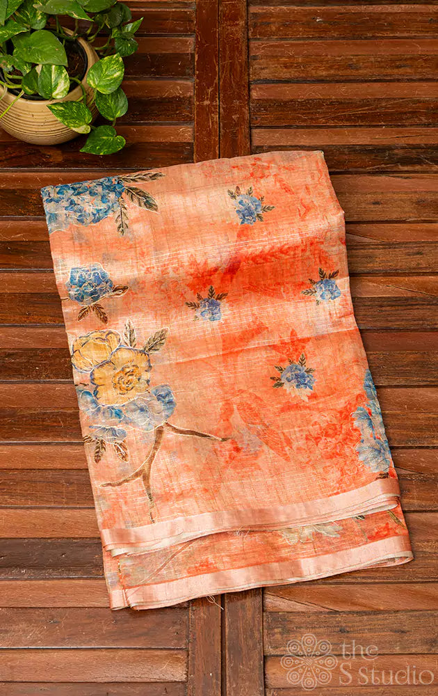 Peach semi silk saree with floral prints
