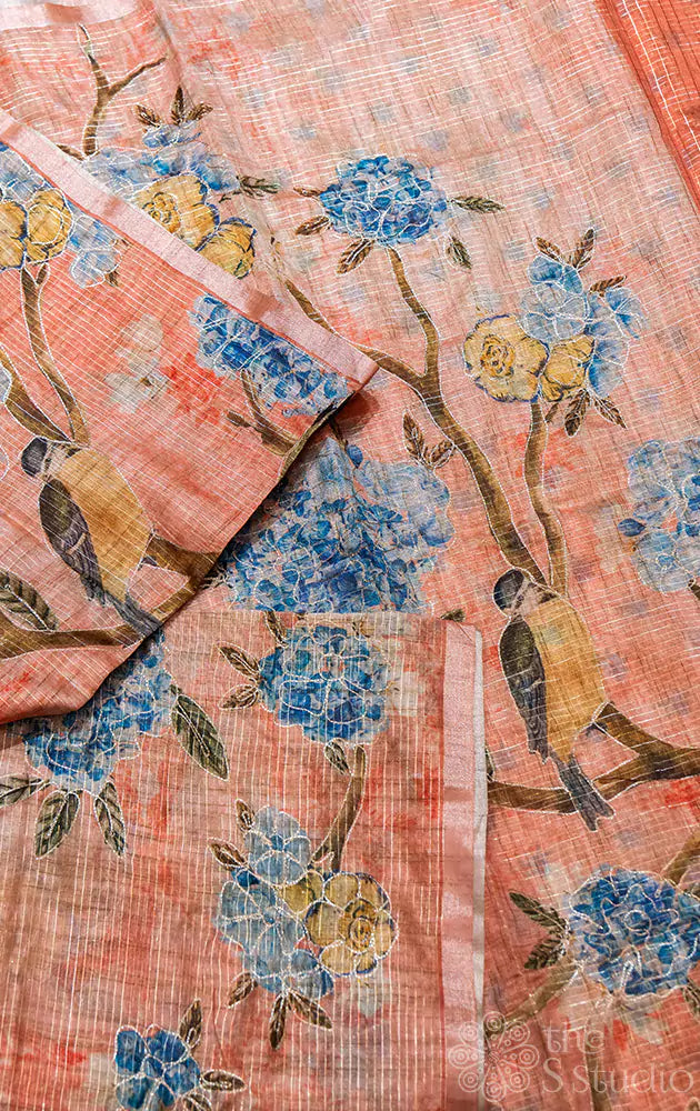 Peach semi silk saree with floral prints
