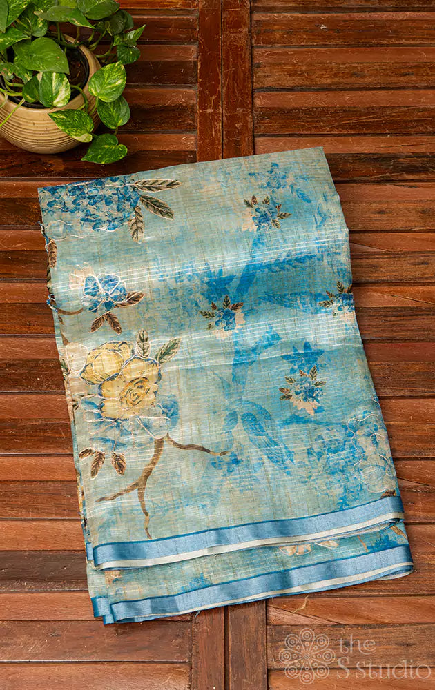 Blue semi silk saree with floral and bird prints