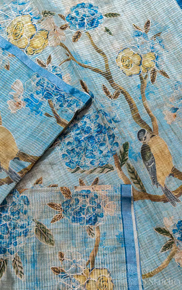 Blue semi silk saree with floral and bird prints