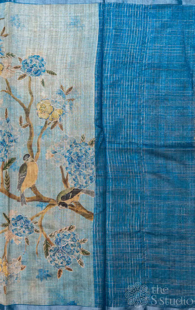 Blue semi silk saree with floral and bird prints