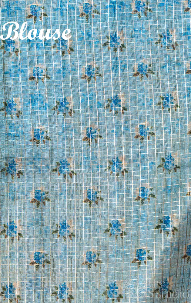 Blue semi silk saree with floral and bird prints