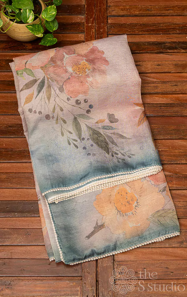 Lavender tissue saree with blue edges