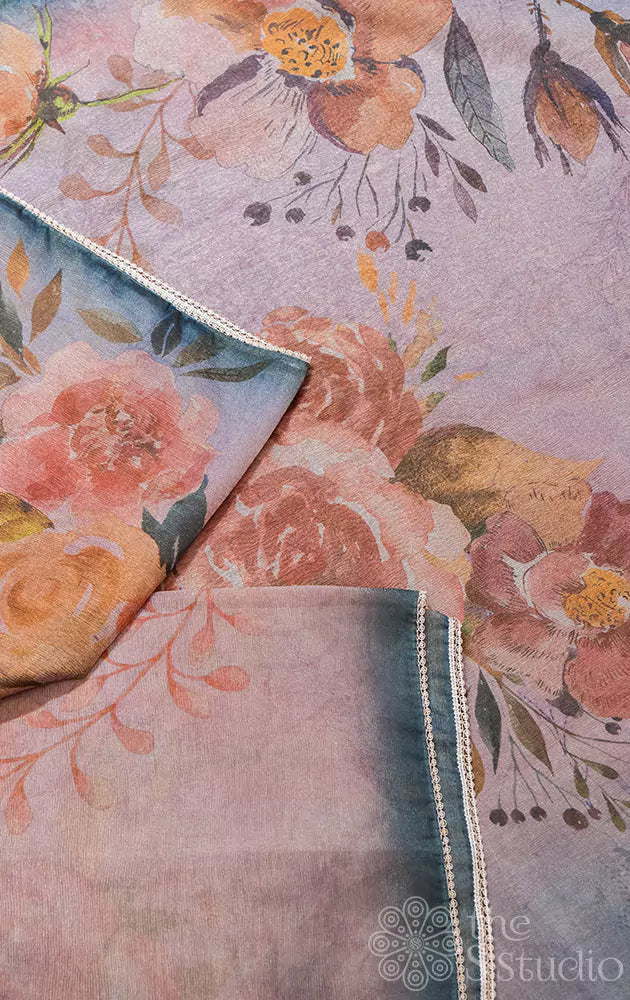 Lavender tissue saree with blue edges