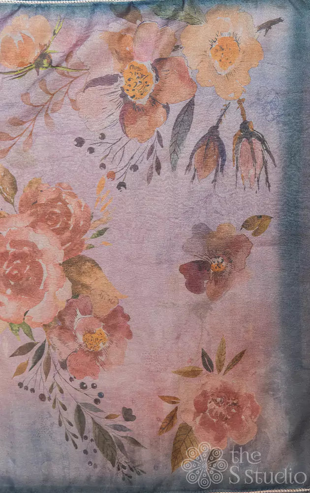 Lavender tissue saree with blue edges