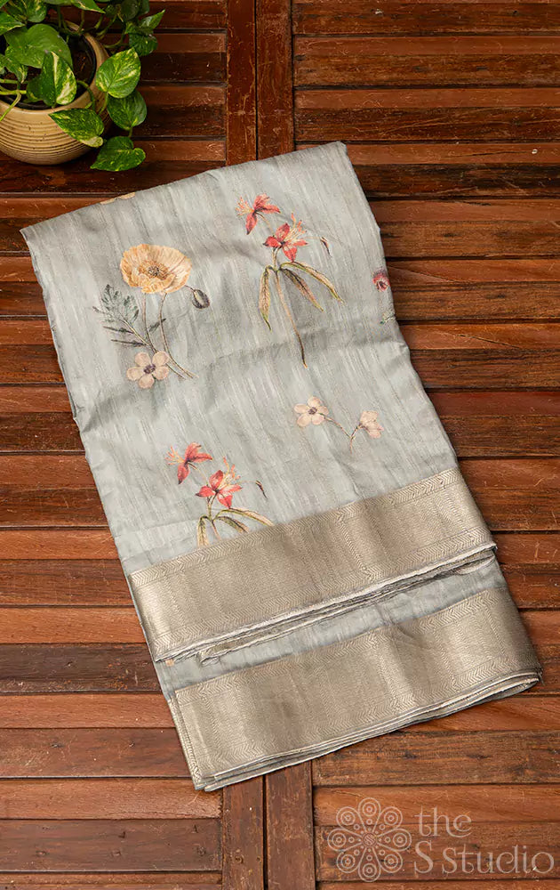 Greenish grey semi tussar saree with floral prints