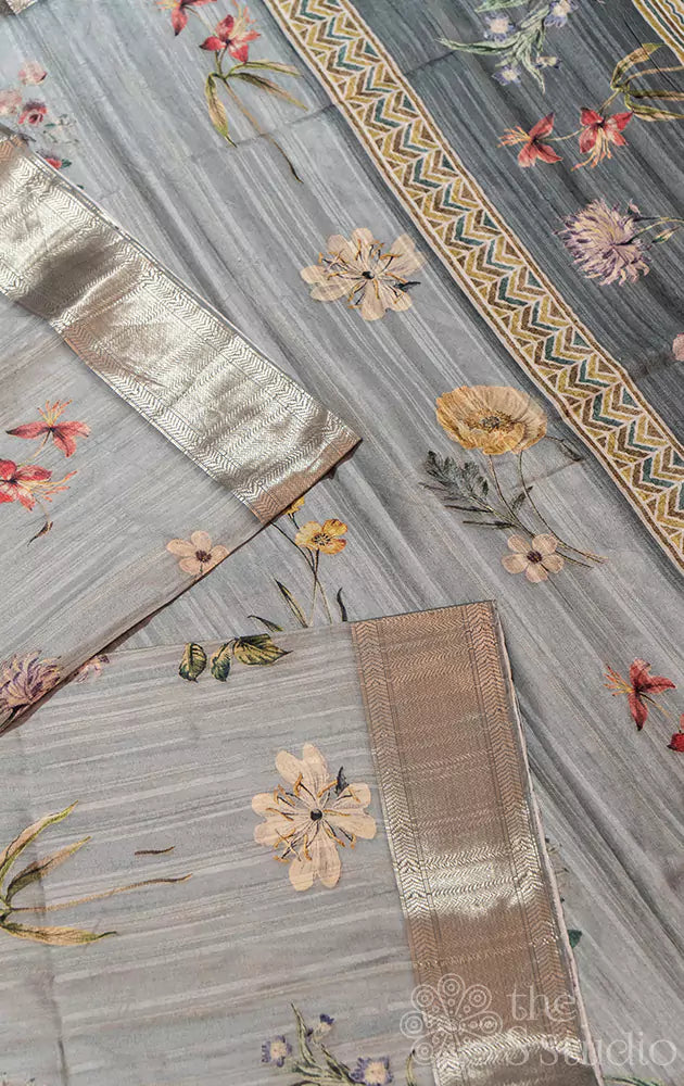 Greenish grey semi tussar saree with floral prints