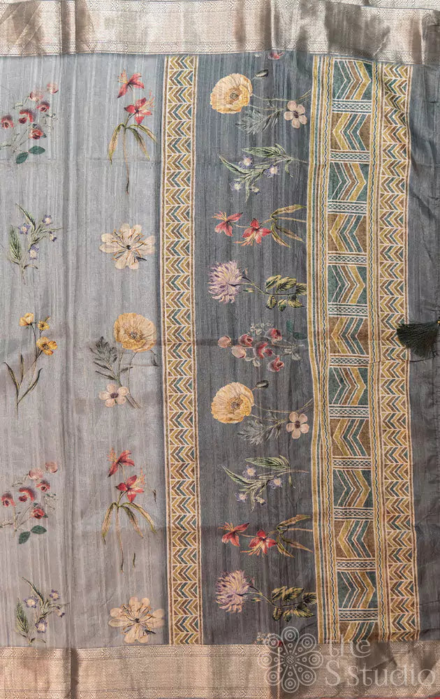 Greenish grey semi tussar saree with floral prints