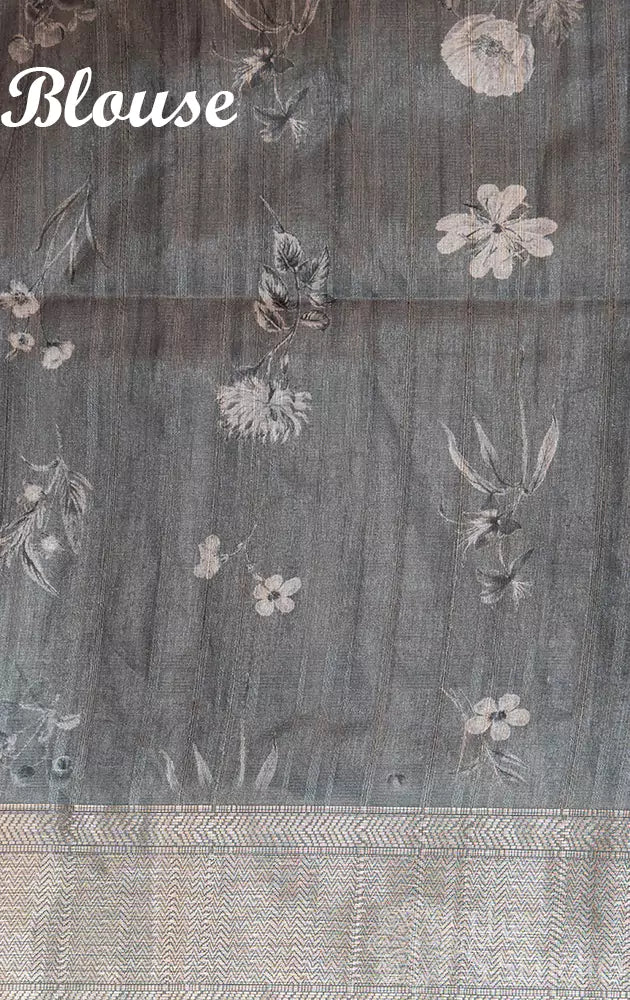 Greenish grey semi tussar saree with floral prints
