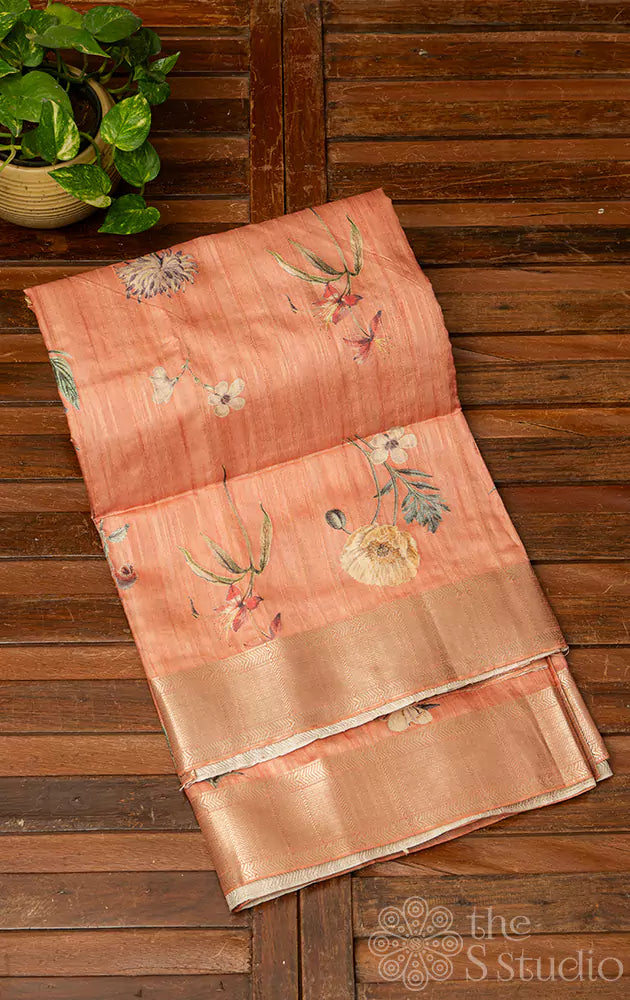 Peach semi tussar saree with zari border