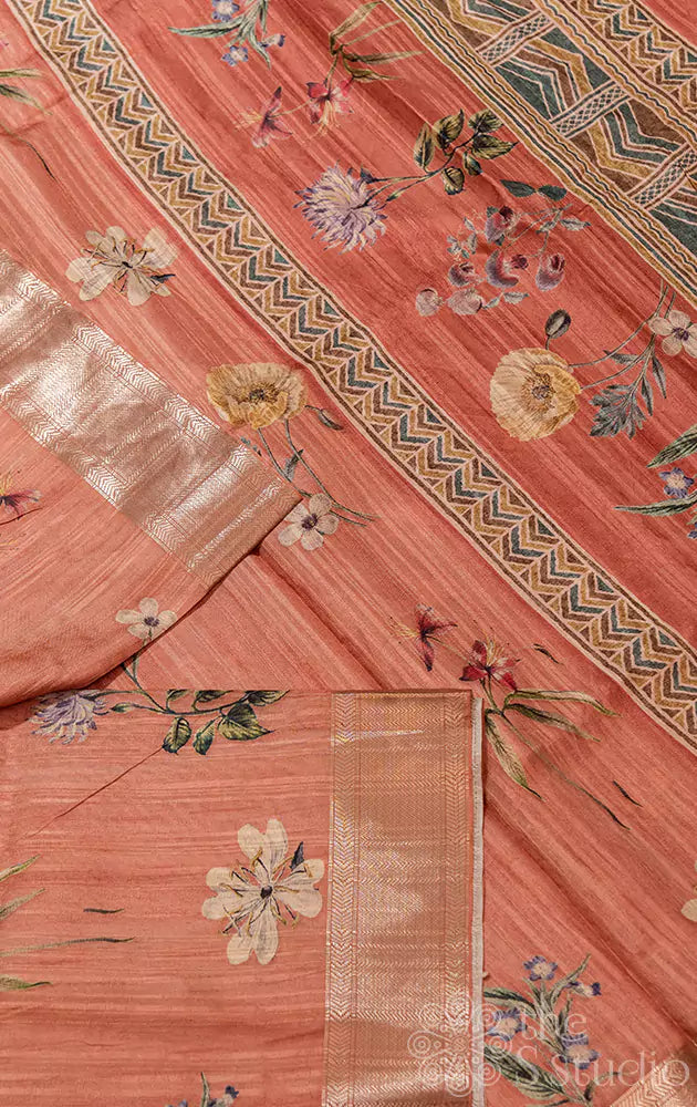 Peach semi tussar saree with zari border