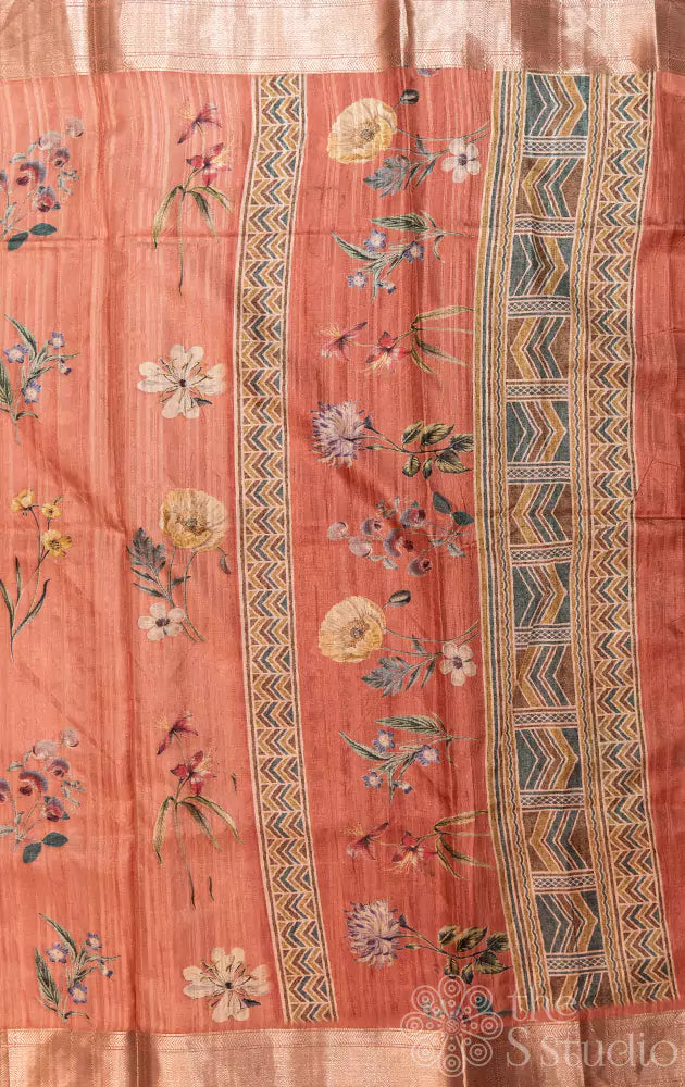Peach semi tussar saree with zari border