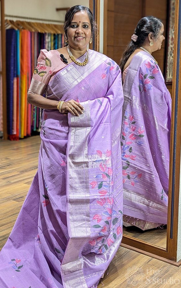 Lavender maheshwari silk cotton saree with hand painted floral motifs
